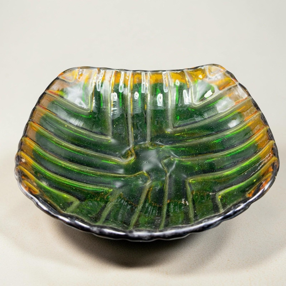 Hand Blown Italian Venetian Art Glass Dish Bowl Centerpiece Green‎ Orange Edges